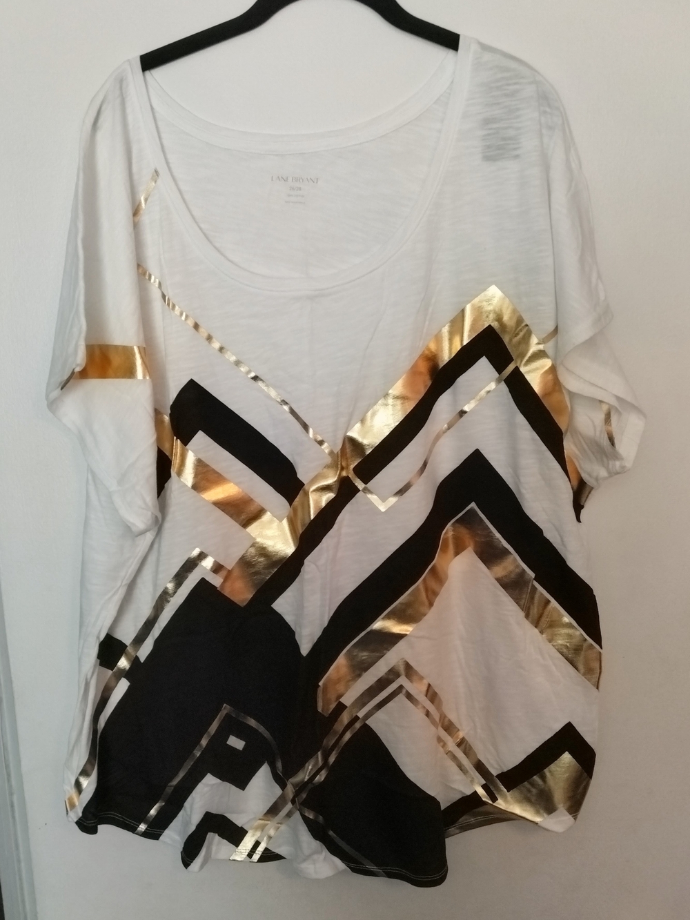 Lane Bryant White Scoop Neck Top with Gold and Black Geometric Foil